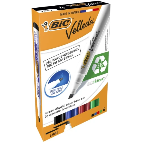 Marker suchościeralny Bic Velleda Ecolutions 1751 komplet 4 szt, mix 3,7-5,5 mm ścięta końcówka (904950)