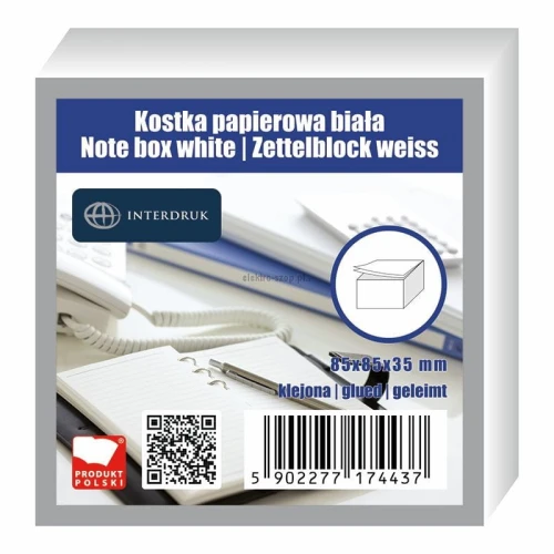 Kostka papierowa Interdruk - biały 85 mm x 85 mm x 35 mm (KOSPAP)