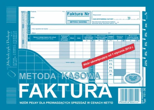 Druk samokopiujący Michalczyk i Prokop Faktura - metoda kasowa wzór pełny dla prowadzących sprzedaż w cenach netto A5 80k. (151-3E)
