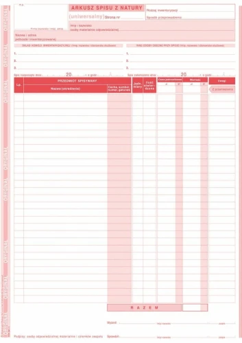 Druk samokopiujący Michalczyk i Prokop Arkusz spisu z natury A4 48k. (341-1)