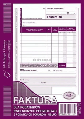 Druk offsetowy Michalczyk i Prokop Faktura dla podatników zwolnionych z podatku VAT A5 80k. (202-3E)