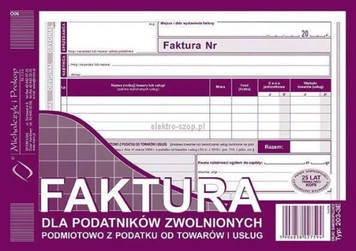 Druk offsetowy Michalczyk i Prokop Faktura dla podatników zwolnionych z podatku VAT A5 80k. (203-3E)