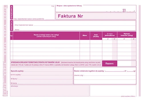 Druk offsetowy Michalczyk i Prokop Faktura dla podatników zwolnionych z podatku VAT A5 80k. (203-3E)
