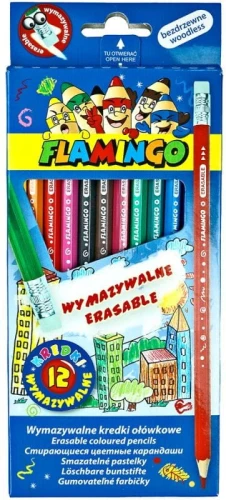 Kredki ołówkowe Flamingo wymazywalne z gumką 12 kol.