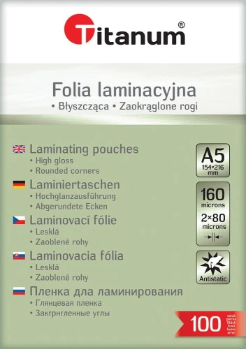 Folia do laminowania Titanum A5 - przezroczysty 80 mic. 154 mm x 216 mm