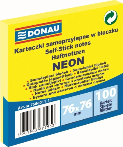 Notes samoprzylepny Donau Neon żółty 100k 76 mm x 76 mm (7586011-11)