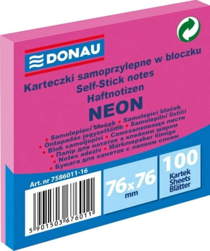 Notes samoprzylepny Donau Neon różowy 100k 76 mm x 76 mm (7586011-16)