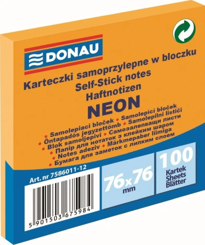 Notes samoprzylepny Donau Neon pomarańczowy 100k 76 mm x 76 mm (7586011-12)