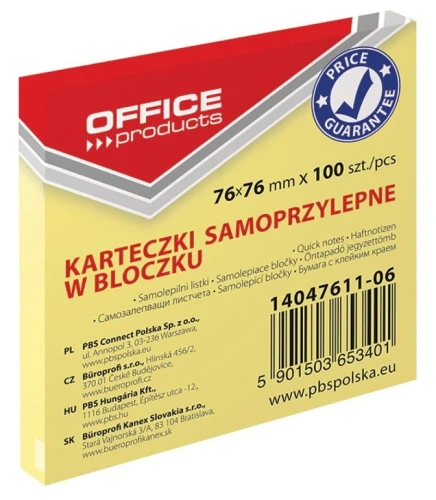 Notes samoprzylepny Office Products żółty jasny 100k 76 mm x 76 mm (14047611-06)