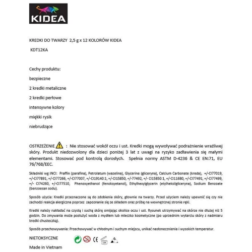 Farba do malowania twarzy Kidea Kidea (KDT12KA)
