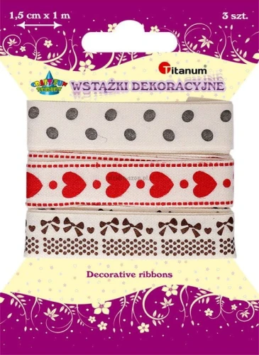 Wstążka Titanum Craft-Fun Series groszki, serca, kokardki mix 15 mm 1 m (DD23-1)