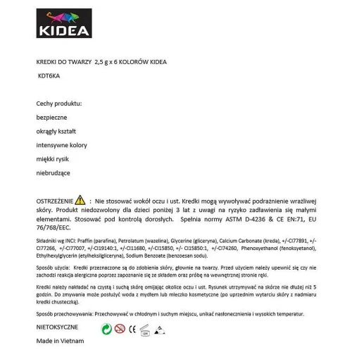 Farba do malowania twarzy Kidea 6 kol. (KDT6KA)