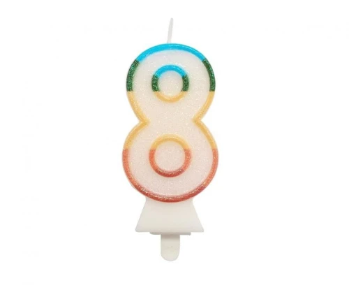 Świeczka urodzinowa Godan cyferka 8, tęczowa, NOWY BIO BROKAT, 8,5 cm (SW-CBB8)