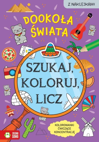 Książka dla dzieci Szukaj, koloruj i licz. Dookoła świata Aksjomat