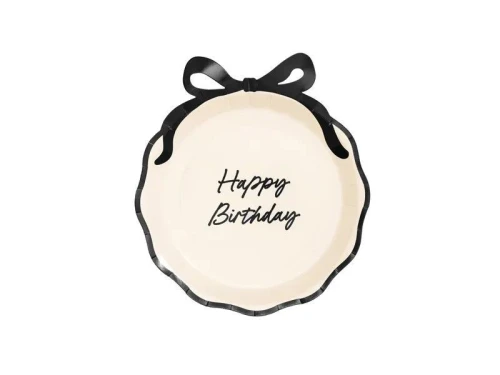 Talerz jednorazowy Happy Birthday z kokardką papier śr. 240mm 6 szt Partydeco (TPP39)