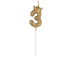 Świeczka urodzinowa cyferka 3, z koroną, szampańskie złoto, 6 cm Godan (HC-SCK3)