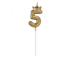 Świeczka urodzinowa cyferka 5, z koroną, szampańskie złoto, 6 cm Godan (HC-SCK5)