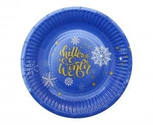 Talerz jednorazowy papierowe Hello Winter Navy Blue, certyfikat FSC, 18 cm/ 6 szt. KK papier śr. 180mm 6 szt Godan (PG-TNBS)