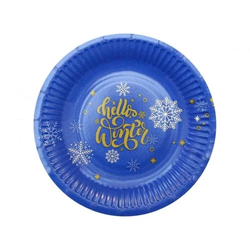 Talerz jednorazowy papierowe Hello Winter Navy Blue, certyfikat FSC, 18 cm/ 6 szt. KK papier śr. 180mm 6 szt Godan (PG-TNBS)